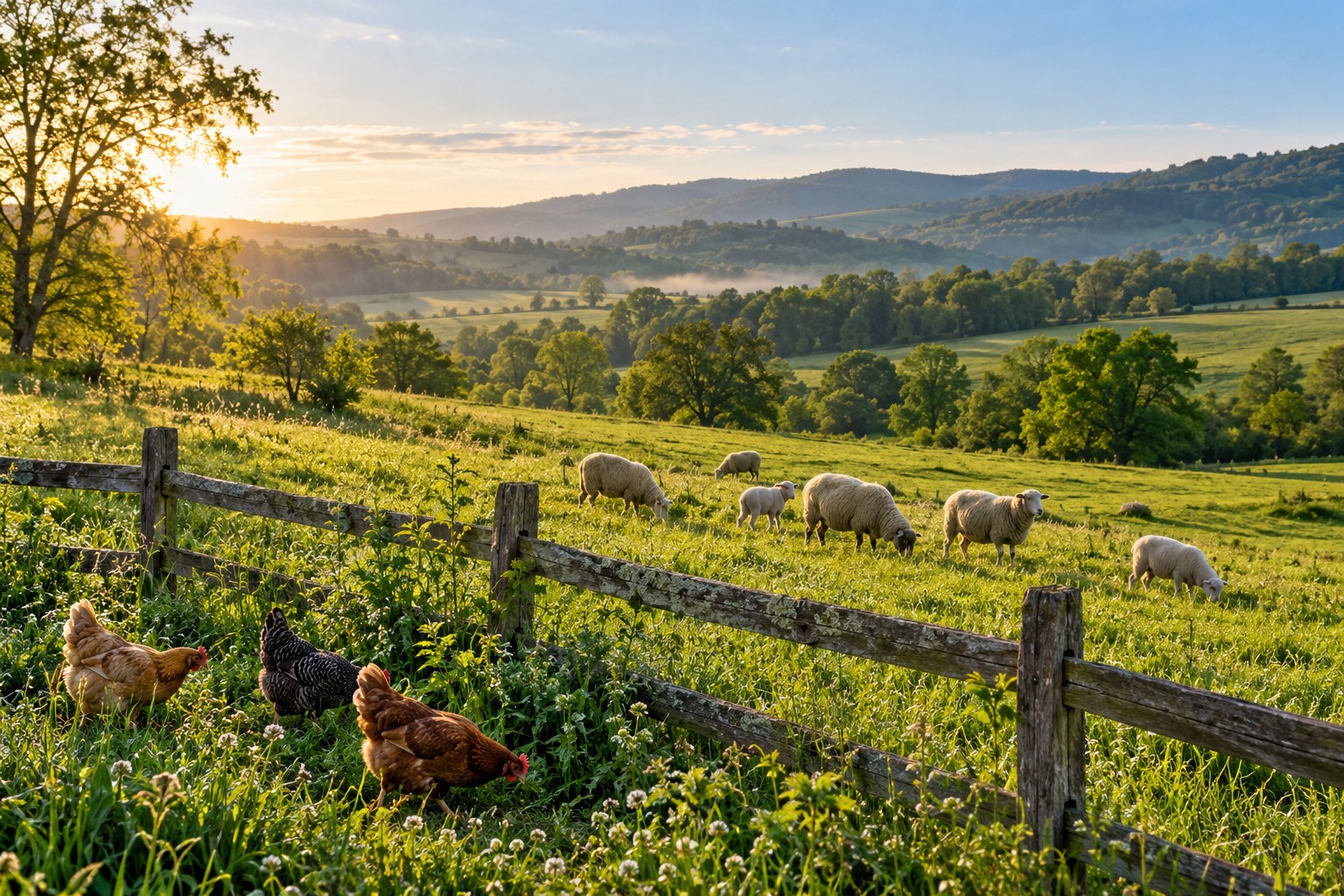 Illustrative scene of sheep and chickens in a green pasture